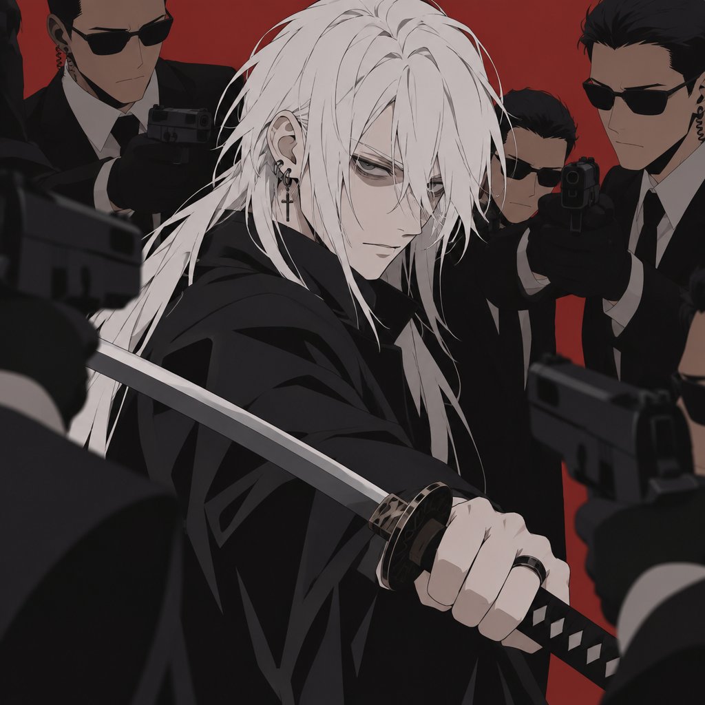 Anime style, male, name kai, highly skilled in fighting all fighting styles and weapons, long long white hair half in face, dark bags,white skin,earrings, history unknown,holding a sword,surrounded by the agency