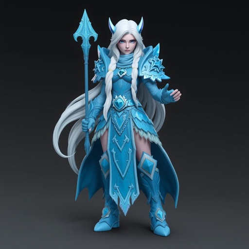 Create a battle woman hero called Alvara the Frostheart. Show full body head to toe including shoes