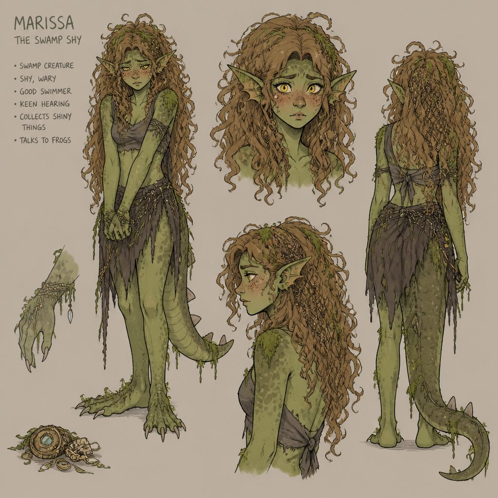 Female, early adult, long very curly light brown hair, green scaly skin, swamp creature, patchy clothes, shy, yellow eyes, lizard tail, mossy, freckles, blush, pointy ears, nets coiled in hair, multiple of the same character