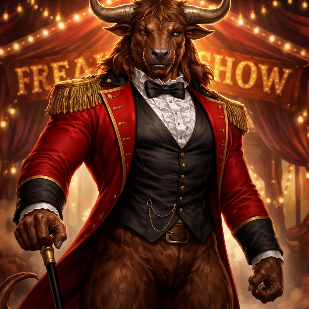A male chestnut brown Minotaur with cattle like brown eyes, large powerful gleaming horns like his fathers, a well~proportioned figure/body at lest 6 foot tall, long tail. He works at freak show as the ringmaster.