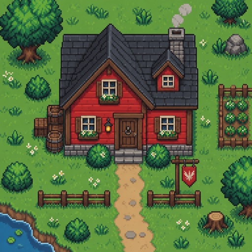 Cute red House for a modern fantasy game, top down style