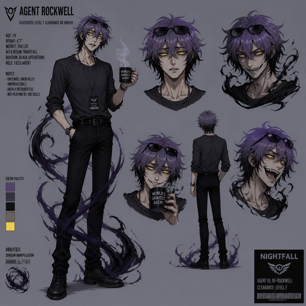 Comic Anime Agent Rockwell very poof up messy hair half side a lot longer and drooped down he has light deep purple hair with black tips,glow yellow night vision eyes eyes,sharp teeth,sunglasses on head,made in a secret lab to be the best weapon and solver,really cares about his partner but embarrassed to admit,can get shy when around her,likes making jokes, extreme dark powers from being a lab experiment ,great agent the best at it,mid 20s ,tall, thin, exhausted mischievous and reckless,jokes to hide his exhaustion,coffee,hates having people tell him what to do especially about sleep,scary when angry,intimidating,partner is only one to get him to listen,not scared of him,annoyed but is also concerned about him,plays by the rules,trying to take this strange case seriously