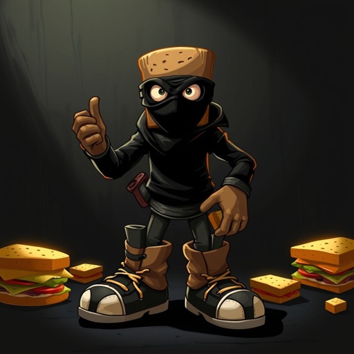 Create a funny looking clumsy sandwhich thief with funny shoes on. Make him have on the bandit black thing around his eyes 