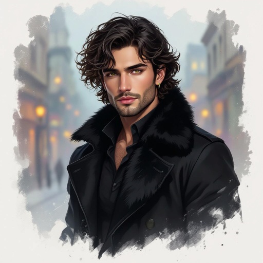 Mężczyzna o długich, lokowanych,  ciemnobrązowych, włosach. z krótkim zarostem.  ciemne oczy. Ubrany w czarną futrzaną kurtkę. Wąskie usta. Bez kolczyków. Pyzaty. Przymknięte oczy. Jasna kaukaska karnacja