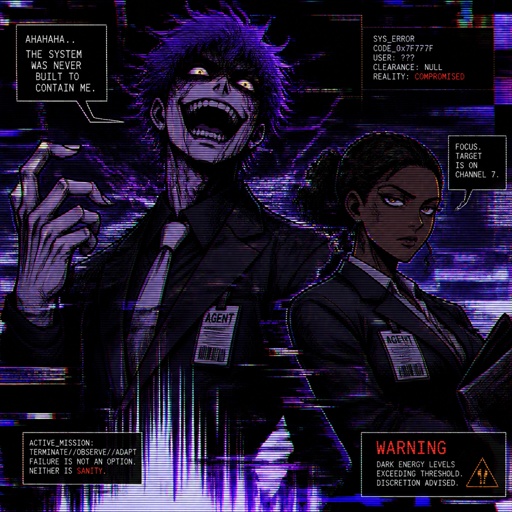 Anime style, Agent Ward a male, made in a secret lab to be best weapon and good at everything, highly skilled, be kept in check, emergency backup case he gets out of control, his hair messy bun color violet, clean shaven, yellow night vision eyes, sharp teeth, dark power energy from experiment, tired, tall, eyes sensitive to light, dangerous, intimidating, laugh like a maniac, cares about partner ruby rose she's dark skin serious plays by rules firm,them standing together ruby arguing to wards "stop being intimidating you're going to our suspect a hart attack!" Ward says "job goes faster" starts giggling, ruby warn ward " if you can't take this seriously l'll have to have you go in your room" ward sad expression says"i don't want that" ruby "ok let's do this I have somewhere to be " as a comic
