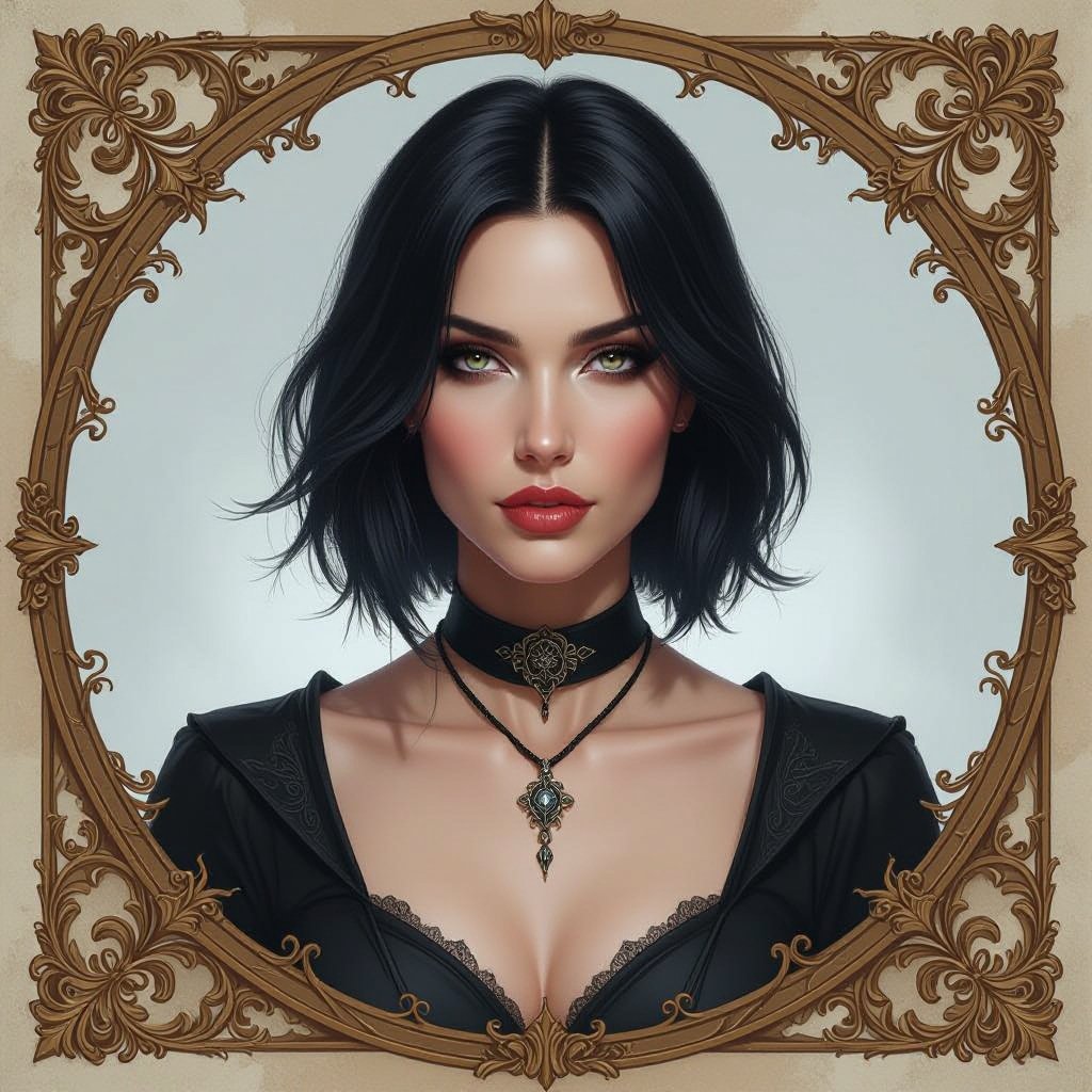 Show character head to toe. Create a mid age fantasy woman jet-black hair is cut sharpand her eyes seem to pierce through darkness. A shadowy aura clings to her form,