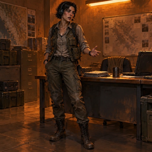 Late twenties woman, compact athletic build, not slight. Dark hair cut short so a headset does not fight it. Open tired eyes, mouth that closes on a word. Vest over a already-worked shirt, scuffed boots, no rank flash. Wrist slightly tense. Standing in a windowless sodium-lit office or cold field weather. Fortiche painted style, realistic cloth, faces that hold feeling.