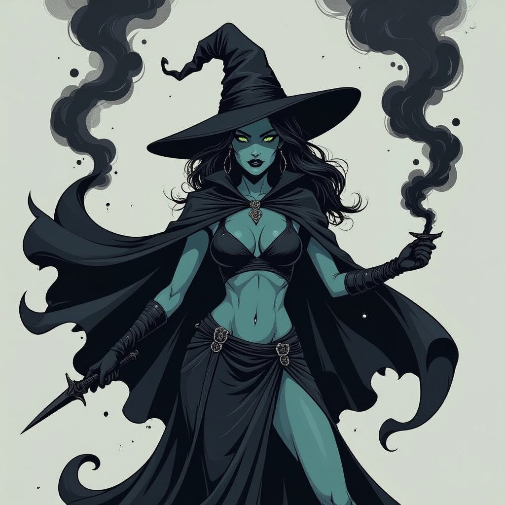 sexy shadow demon witch gypsy slate grey skin large black billowing cloak that emits darkness and shadow smoke. Two piece. Witches Hat.  Wields Black Evil Shadow Smoke Daggers
