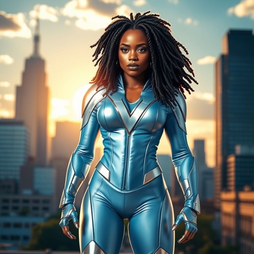African American female superhero with locs in a shoulder length style wearing a leather slightly armored light blue and silver suit with light blue pants and silver boots and a V as her chest emblem standing in Philadelphia during the day