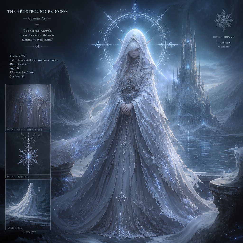 White hair with long hair covering her eyes teenage frost elf princess wearing long hooded dress