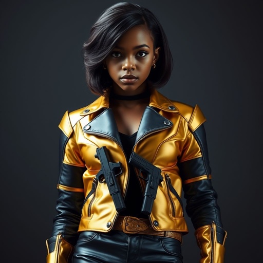 A teenage African American female with shoulder length hair  in a side part style wearing an armored gold leather jacket with black accents black leather pants and gold boots with a gun belt and two guns on her hips GOTHIC