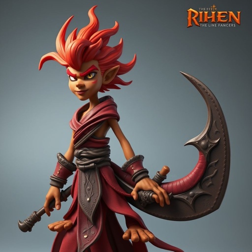  Create a character: Rhen the Fire-Singer – A lean, muscular man with sun-kissed bronze skin and ember-like eyes. His hair is a wild mane of deep crimson. He wears layered, flowing desert robes dyed in warm reds and golds, with scorch marks where flames have licked them. A curved blade hangs at his hip. 