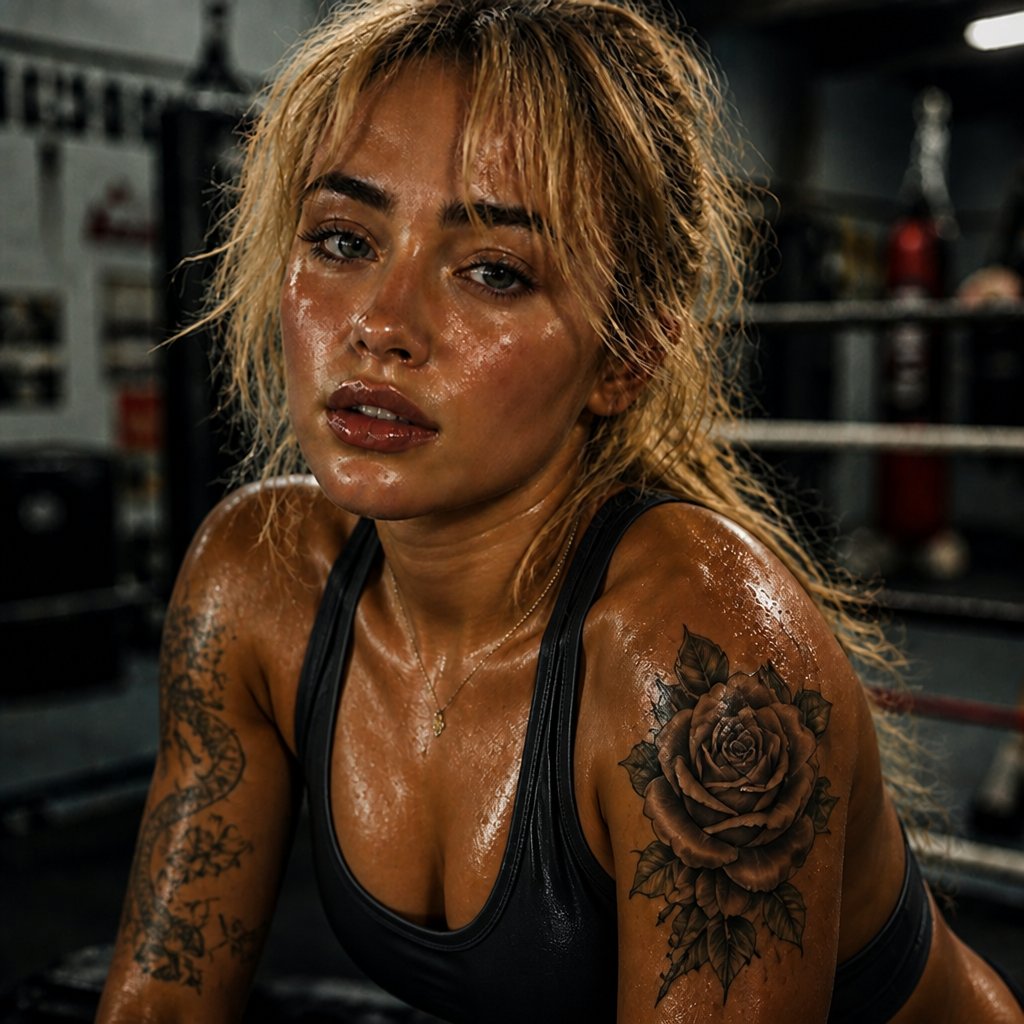 a woman with a rose tattooed on her chest