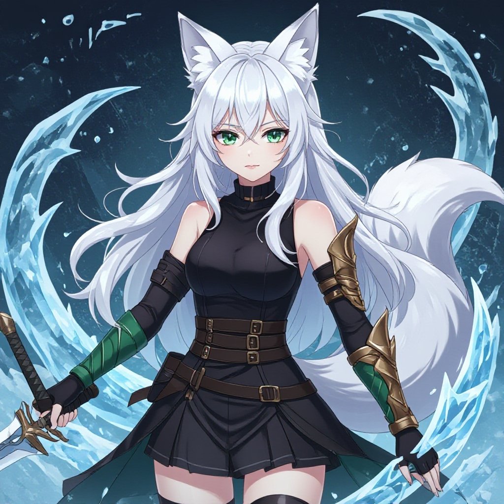 A pale teenage girl wearing black, has medium white hair, has large fox ears and a fluffy tail and a dark green and brown ancient right arm with a black glove on her left arm holding a sword of ice with a black-ish background with ice swirling around her