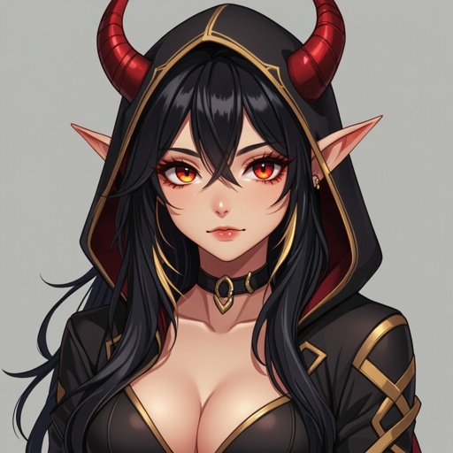 Create a 17 year old beautiful tiefling. She has long black hair with a streak of gold going through. She is very beautiful. She has one red eye and one black one. She has light tan skin and has skin coloured patterns. She has small horns and is very alluring. She is wearing skin tight long sleeves and trousers their and adventure clothes with a hood. She is 5’8 and 113  pound and very sexy with an hourglass figure. She also has a toned build