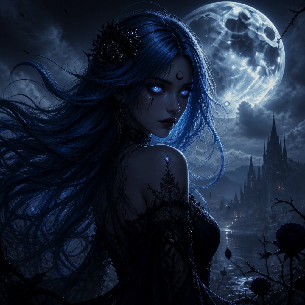 girl blue hair moon eyes