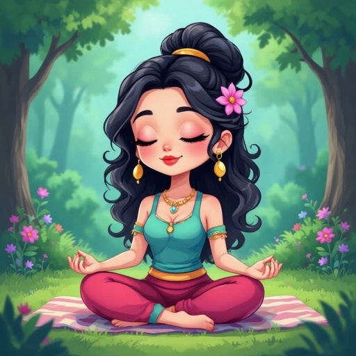 Create a chibi character mid 30’s lady who is the meditating 
