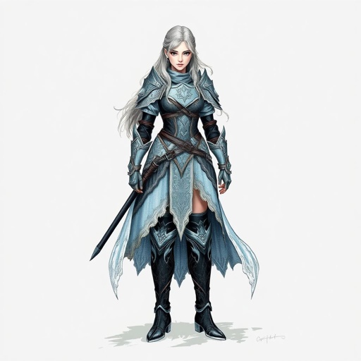 Create a battle woman hero called Alvara the Frostheart. Show full body head to toe including shoes 