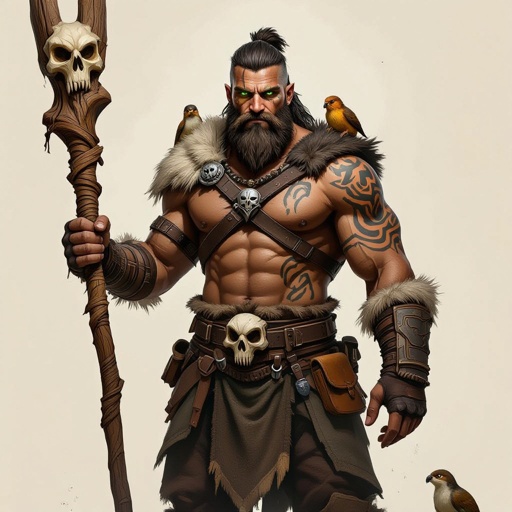 Kael the Beastbound – A rugged, broad-shouldered man with brown skin and a rough beard, wearing armor made from bone and leather. deep green eyes tattoos of animal tracks spiral down his arms. He carries a massive wooden staff carved with the shapes of beasts, and small creatures often perch on his shoulders or follow at his feet.