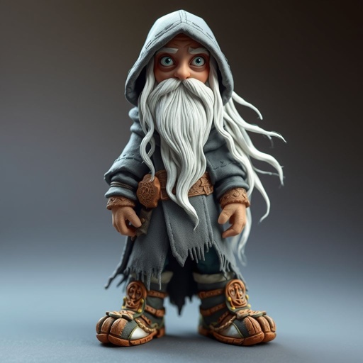 Create old character: The Silver-Eyed Wanderer – A tall, long beard hooded androgynous figure with hair that white. piercing silver eyes seem to see both past and present at once. a long, tattered cloak covered in stitched symbols from lands unknown. Show her whole body head to toe including her shoes.