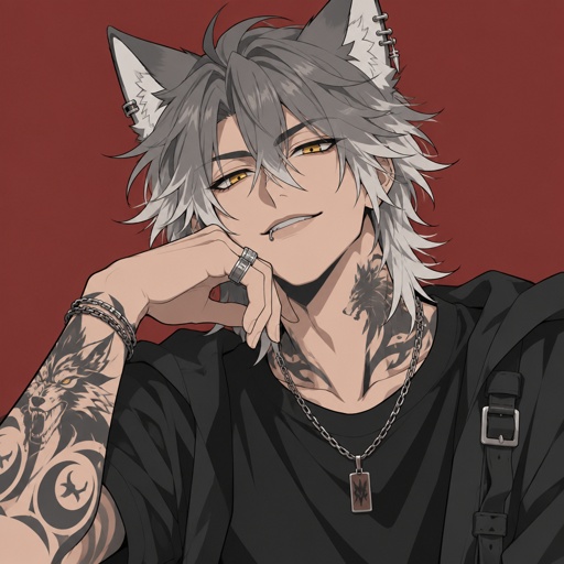 Male,only wolf ears no human ears,gray hair with white tips hair that goes done to neck hair set a little bit on face slightly messy,yellow eyes,strong,lip and ear piercings,tattoos on neck and arms,a smile that could steal the ladies,with a smug and chill attitude 