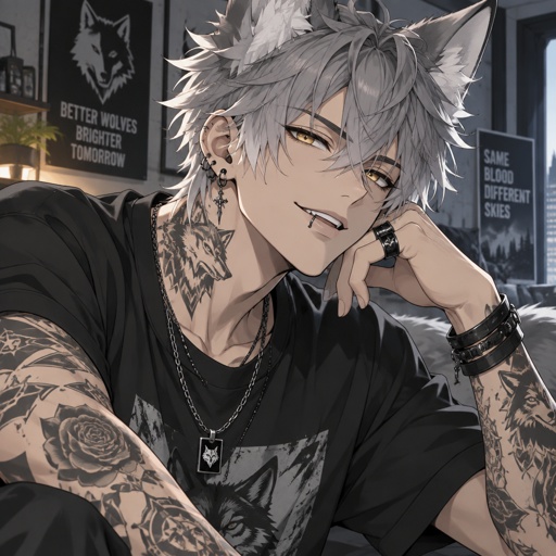 Male,wolf ears,gray hair with white tips,yellow eyes,lip and ear piercings,tattoos on neck and arms,a smile that could steal the ladies 