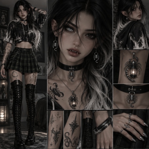 Female, 16, 5’9 in height, Jeanie, slightly pointed ears, black hair with white and silver flame tips, one silver eye one black eye, pale white ghostly skin, a black choker with a scorpion (intricately designed of metal strips) charm, a simple yet intricate scorpion tattoo on collar bone, drop down scorpion earrings, black/charcoal eye shadow, cropped black and white marbled (only half of it) hoodie, plaid black white and dark green skirt, tall lace up boots (go up to mid thigh), silver medium almond nails, simple tattoos that cover both arms and legs (the designs that are simple and don’t connect the lines), a black and silver marbled bangle, a scorpion guarding a lantern necklace/pendent, sharp canine teeth, silver rings decorating a few fingers