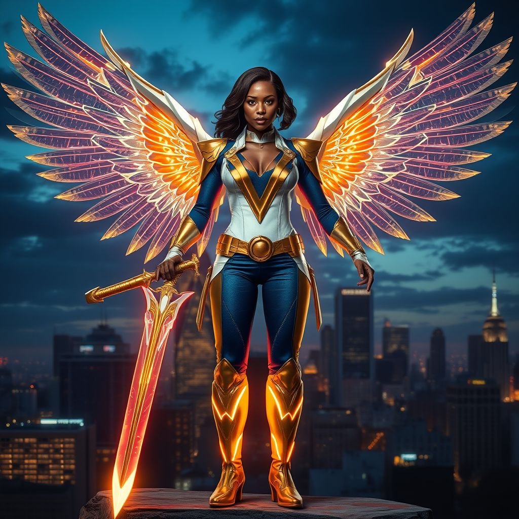 African American female superhero with shoulder length hair in a side part style and holographic wings wearing a homemade white and blue suit with gold accents and blue pants with a stylized V as her chest emblem wearing gold flat boots  made of gold fire holding a large glowing broadsword in her hands standing in Philadelphia at dusk
