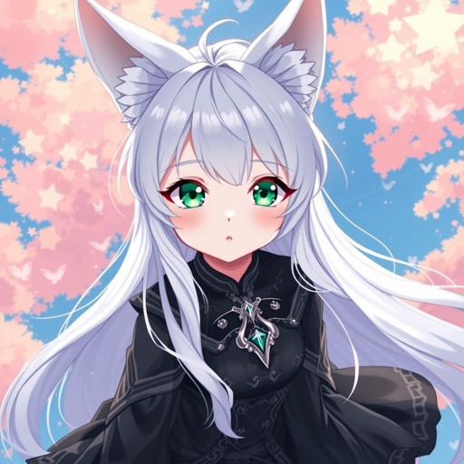 A young pale female with white hair and fox ears and emerald eyes wearing a black attire falling from the sky