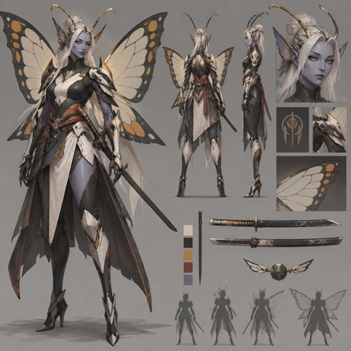 A gorgeous alien butterfly woman in a futuristic space samurai armor. Show whole body. 