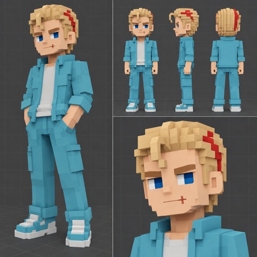 Male, blonde greased brushed back hair, curl on forehead, red streak in hair, scar on lip, blue eyes, slim, designer, cyan casual clothes,