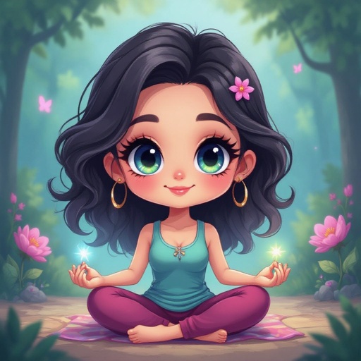 Create a chibi character mid 30’s lady who is the meditating