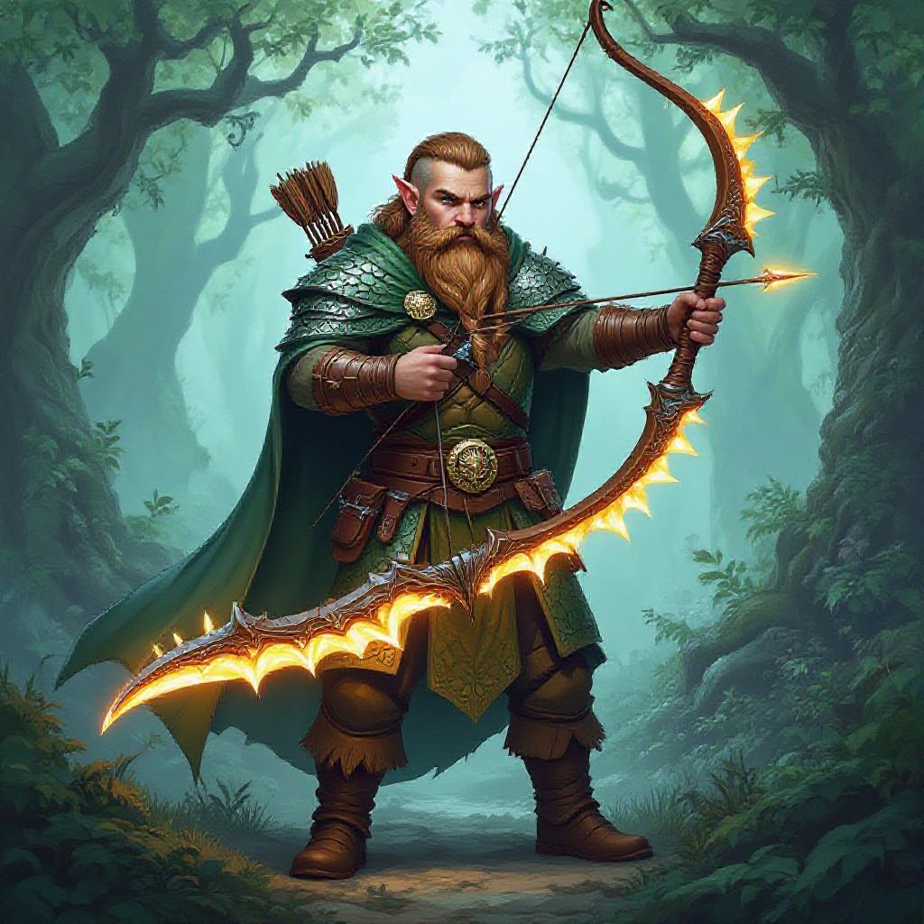 Young Dwarf male in dragon scale cloak with a longbow with sharp spikes on it