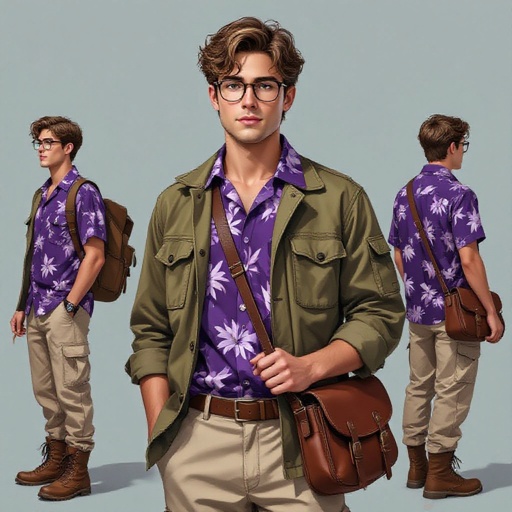 A 19 Year Old man in a Purple Hawaiian Button Up and Beige Cargo Pants. Light Brown Hair Glasses and a worn Army Jacket and Brown Hiking Boots and a Brown Leather Saddleback 
