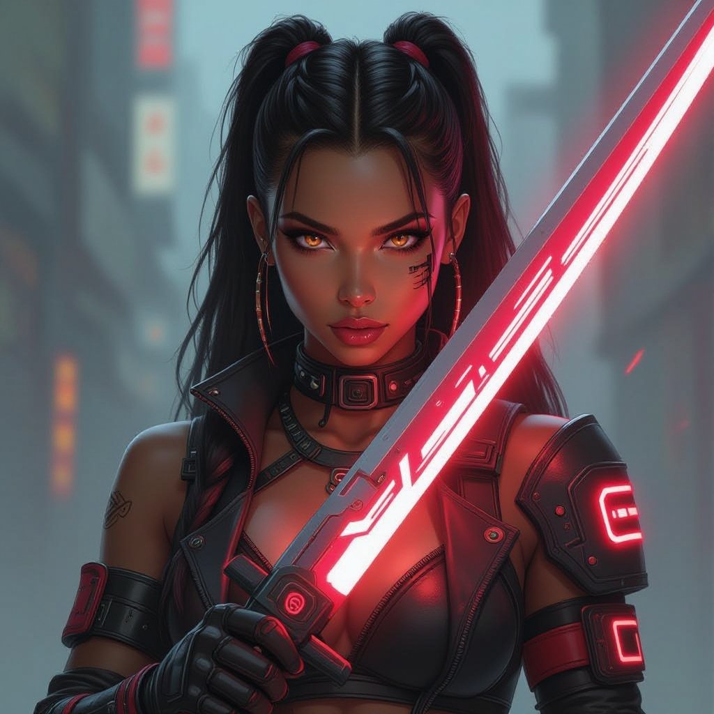 Light brown skinned Worrier princess with bright brown eyes wearing red with a sword