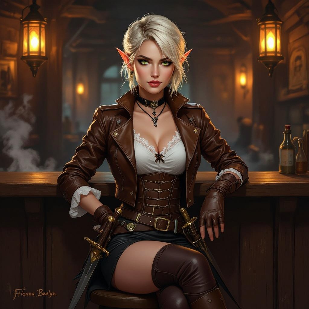 π¨ Prompt β βFfionna Baelyn: Shallow End Inn (Appearance + Scene Canon)β A semi-realistic fantasy painting of Ffionna Baelyn, a female High Elf assassin with a blonde pixie cut, fair ivory skin with warm undertones, and sharp green eyes flecked with gold. She has pointed ears and an elegant, athletic build. She wears a cropped brown leather jacket fitted to her waist with brass buckles and visible stitching detail, over a white sheer-lace blouse with a delicate neckline. A short, black fitted leather skirt sits high on her waist, sleek and practical. Her gloves are fingerless brown leather, and her thigh-high brown boots match in tone, polished with subtle shine and high, narrow heels. Two polished short swords with gold-filigree guards and brown leather-wrapped hilts rest symmetrically at her hips, catching the light faintly. Ffionna sits at the wooden bar inside the Shallow End Inn, perched on a stool with one leg crossed over the other in a confident, relaxed pose. Her expression is calm, observant, and composed β a professional at rest but ever alert. The scene is dimly lit by warm lanterns and candles reflecting off bottles and swamp water beyond the open shutters. The air feels humid, the wood aged and dark, and a faint mist glows beneath the lanterns. Lighting should be warm and balanced, highlighting her features and outfit details with natural, painterly texture. Composition: full-body to shins, semi-realistic fantasy art style following the 8-heads rule of proportion.