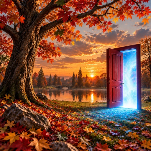 an open door in the middle of a field of leaves
