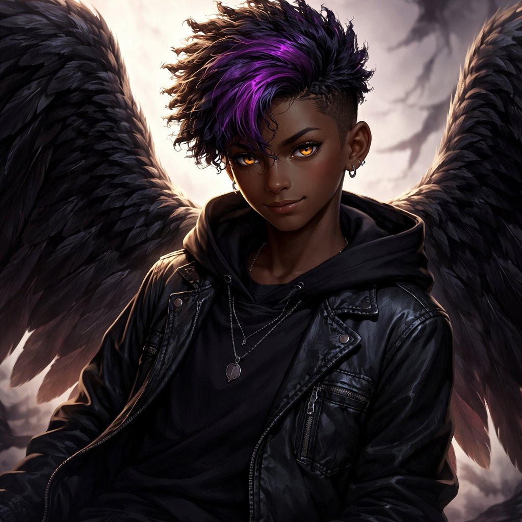 Dark skin boy with a purple streak in his hair and wings