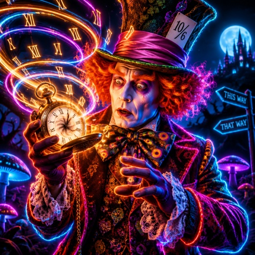 The mad hatter is checking his pocket watch that is going crazy