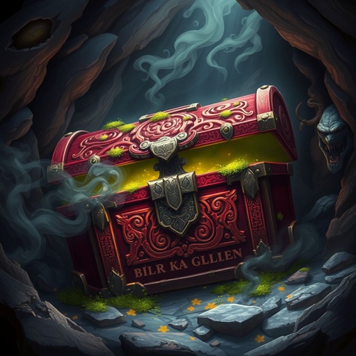 Red Treasure Chest made of wood sitting on the floor of a cave. No coins or treasure laying around it