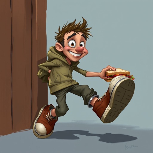 Create a funny looking clumsy sandwhich thief with funny shoes on 