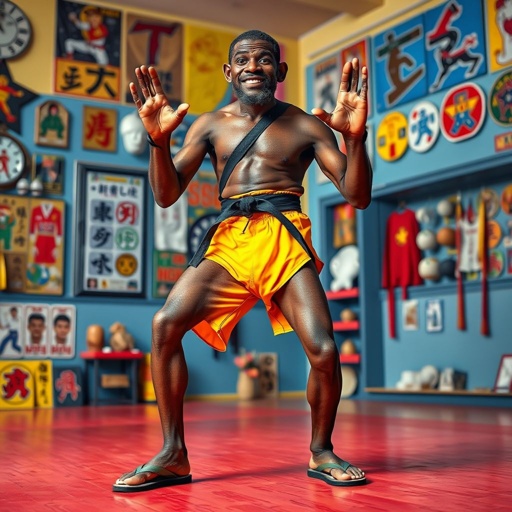 Create a character who looks like a funny African karate guy who doesn’t have a clue what he is doing. Make him have weird toes, only speedos on and a black karate belt. Make him tal skinny and slinky.