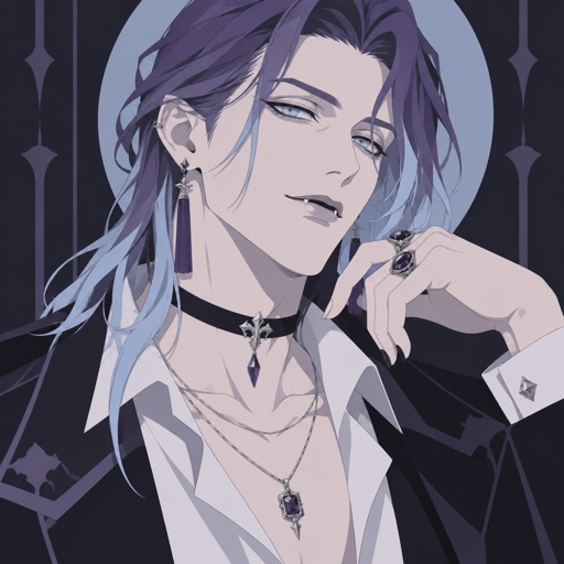 Male, pale, vampire, light blue eyes, cheekbones, shoulder length brushed back hair, back hair over shoulder,  hair in the middle of forehead, purple and light blue hair gradient, tassel earrings, jewelry, dress shirt, choker, smirk