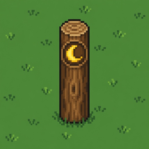 Wood Pillar with a circle close to the top with a crescent moon in it for a modern fantasy game, top down style