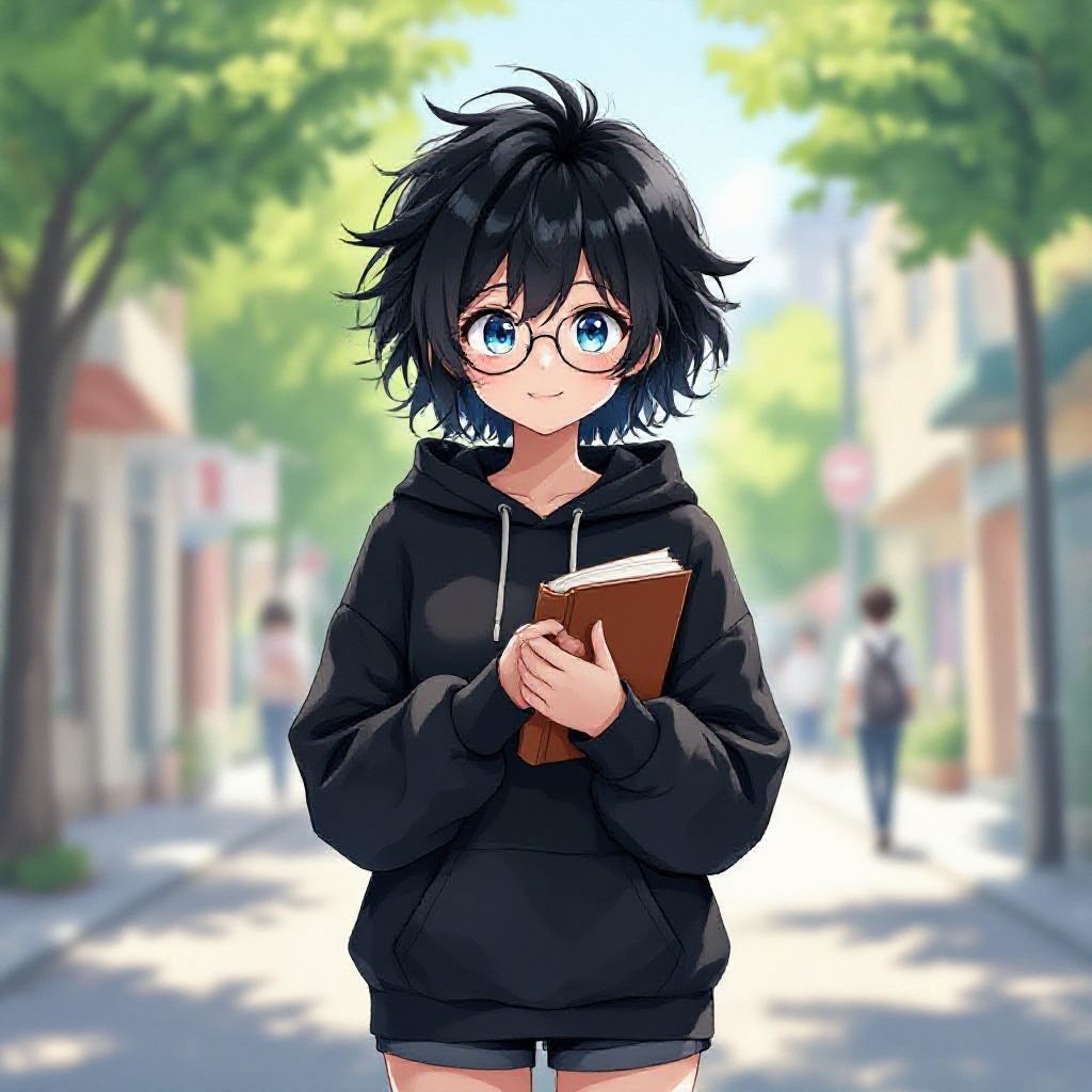 a girl with a flap chest, wears a oversized black hoodie and black shorts, has very short black, messy hair, beautiful blue eyes, wears perscription glasses, holding a book close to her chest, cute and beautiful, a my hero academia animation