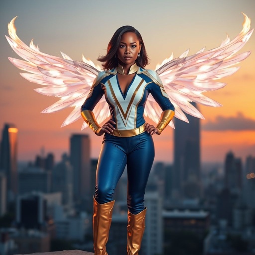 African American female superhero with shoulder length hair in a side part style and wings made of white fire  wearing a slightly homemade  white blue and gold suit with blue pants with a stylized V as her chest emblem wearing gold flat boots made of gold standing in Philadelphia at dusk