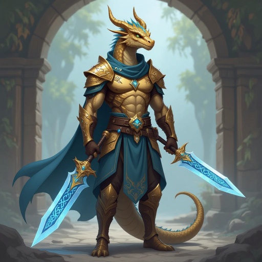 Golden Dragonborn male wearing no armour.with a blue and gold dagger.