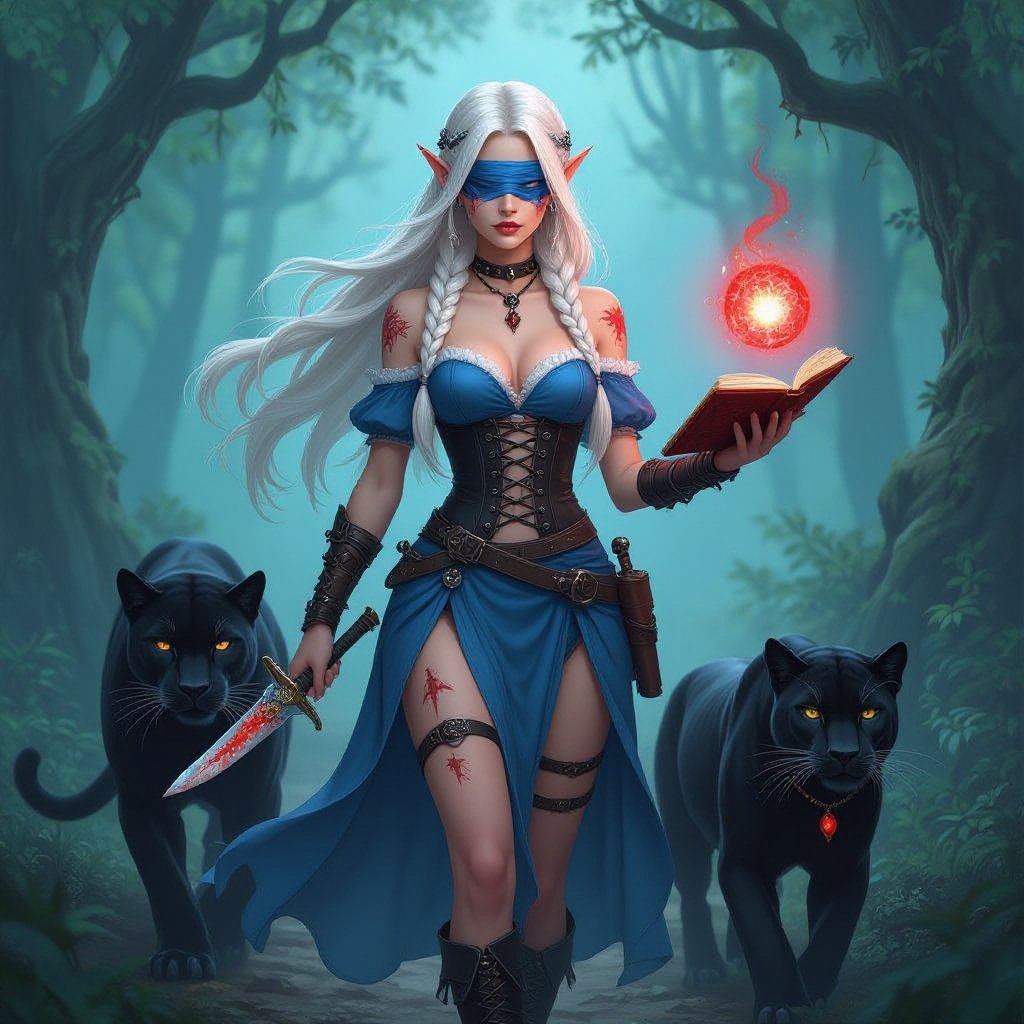 She is an elf. She has long platinum blonde hair. Her hair has to small Dutch braids in the front of her head. The rest of her hair is cascading down her back. She has gold dangling earrings in her ears. She has a blue blindfold covering her eyes. She has scars along her face and chest. She has the same blue color of the blindfold as the color of her dress. Her dress has a black corset with two leg slits. Her sleeves of the dress are also the same blue and they are flowing down her arms. She has arm cuffs on both arms and she has a knife strapped to her left leg. The knife strapped to her leg has a blood red gem on the hilt. She has a large panther walking beside her. In her left hand she is casting a small glowing red orb and in her right she is holding a closed spell book. The spell book is red with black writing as well as black binding She has black boots on her feet. She is standing in the woods. The trees making an arch behind her. She had a black necklace with a blood red gem