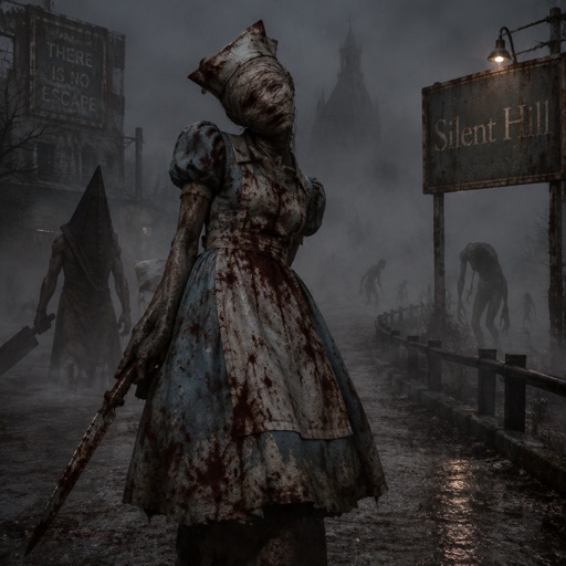 Silent hill with the nurse from the silent hill movie but in Alice’s dress from Alice in wonderland 