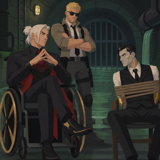 Kado Thorne from Fortnite medium length white back hair bun pale skin in a wheelchair, jones from Fortnite wearing sunglasses and stubble, Midas from Fortnite tied up, all in the sewer